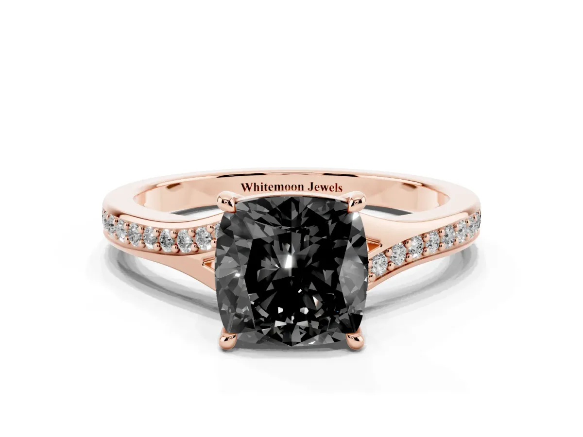 Fancy Black Cushion Cut Diamond Solitaire Ring with Pavé Band and Prong Setting Rose gold