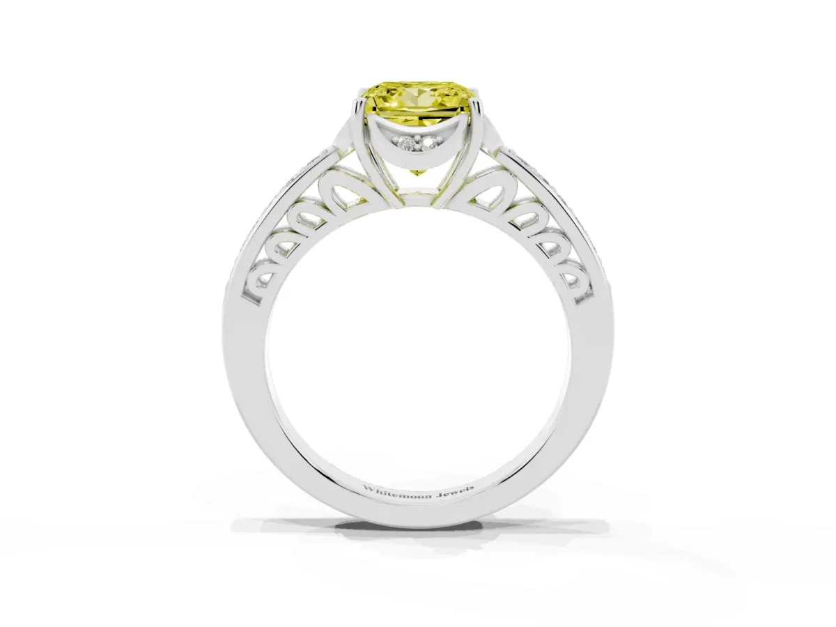 Fancy Yellow Princess Cut Cut Halo Diamond Ring with Channel Set Band and Four-Prong Setting White gold