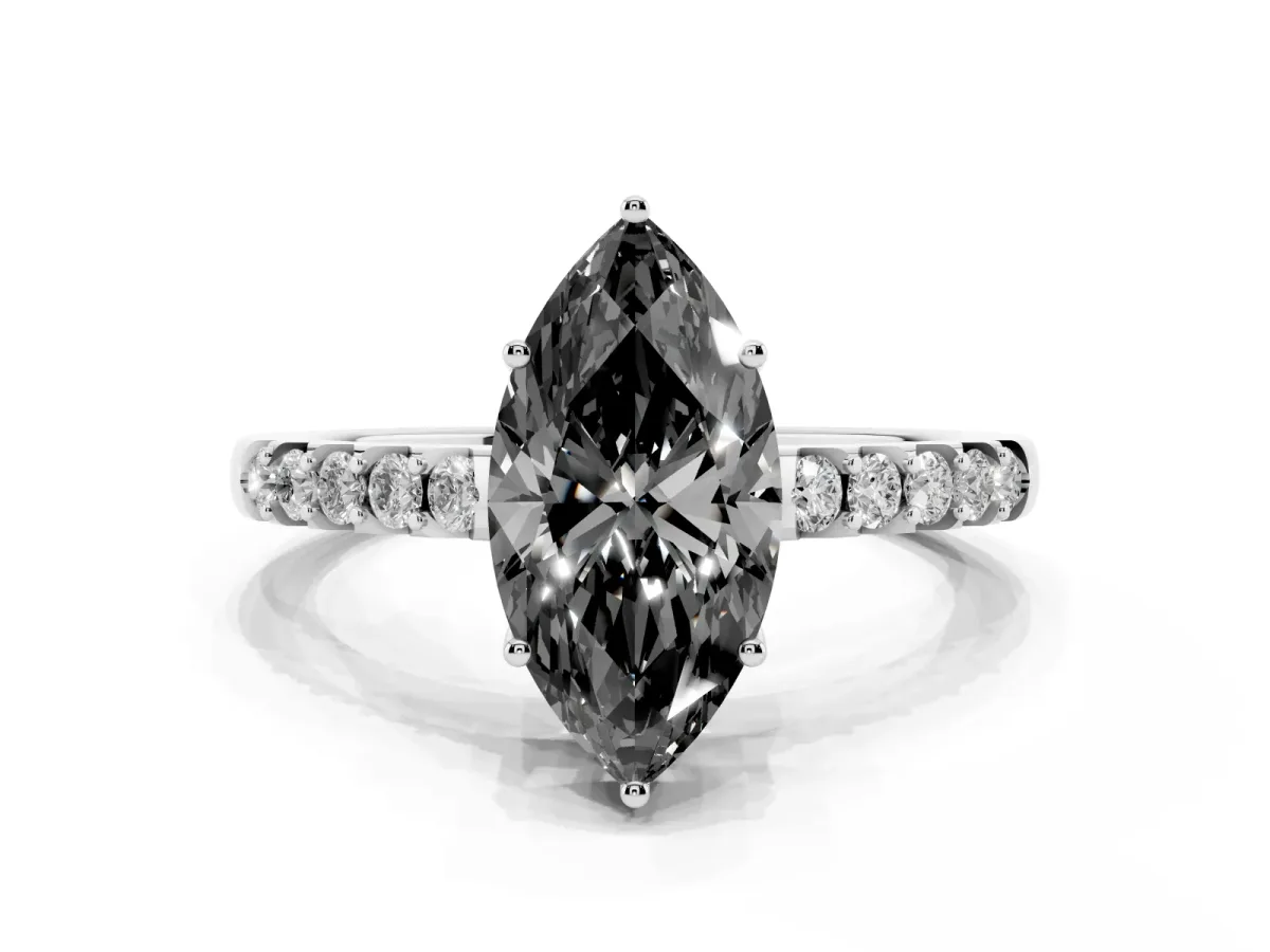Fancy Black Marquise Cut Solitaire Diamond Engagement Ring with Pavé Band and Six-Prong Setting Silver