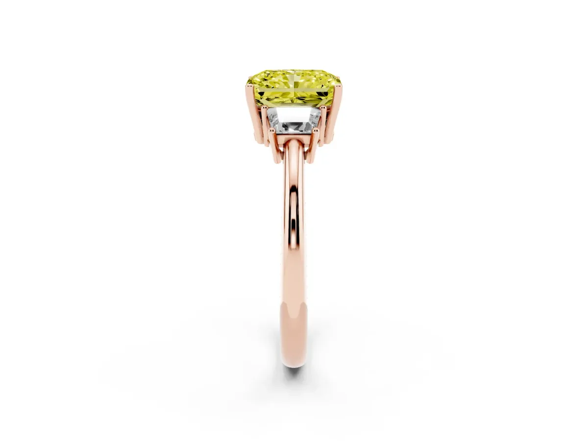 Fancy Yellow Radiant Cut Diamond Three-Stone Ring with Trapezoid Side Stones and Prong Setting Rose gold