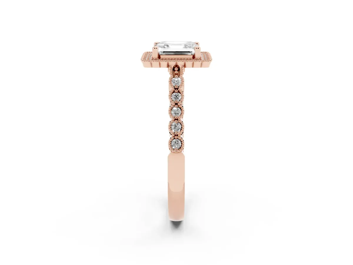 Asscher Cut Cut Halo Pavé Solitaire Ring with Milgrain Band Rose gold