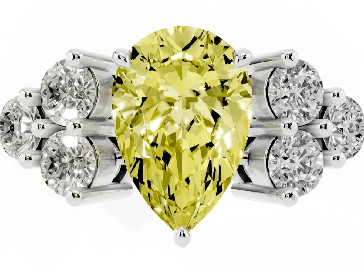 Fancy Yellow Pear Cut Brilliant Diamond Cluster Accent Solitaire Ring with Prong Setting Silver