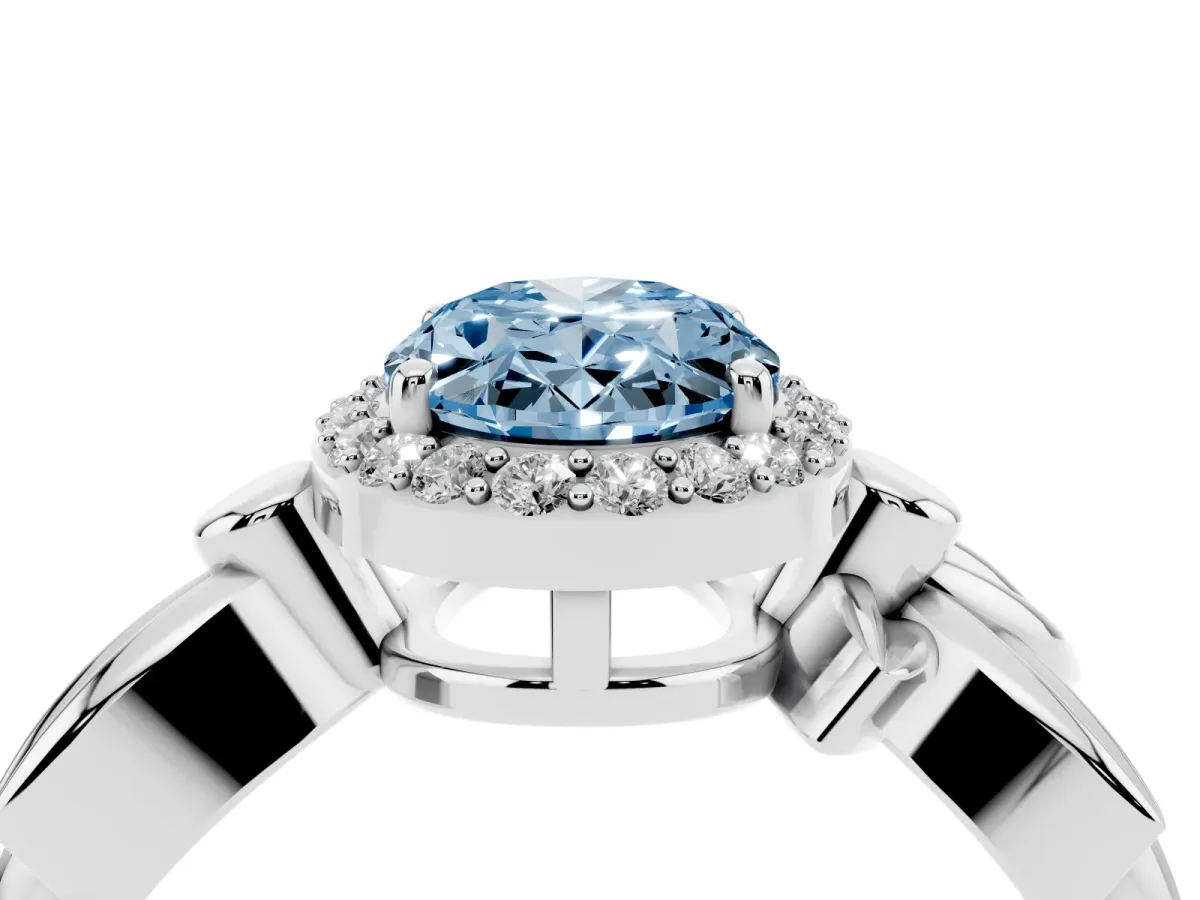 Fancy Blue Oval Cut Halo Diamond Floral Band with Four-Prong Setting Silver