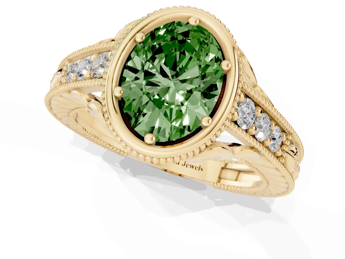 Fancy Green Bezel Set Oval Cut Diamond Milgrain Pave Engagement Ring Yellow gold