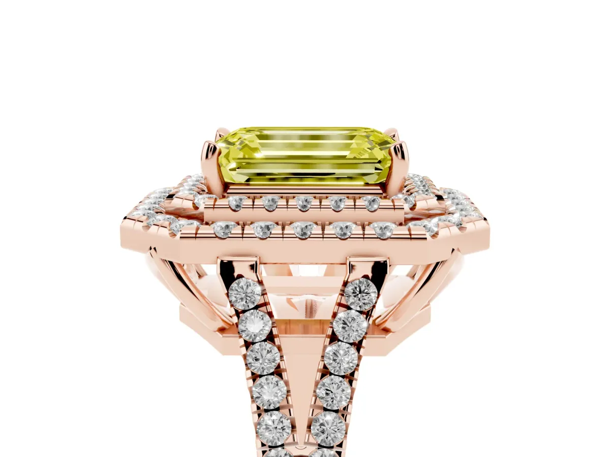 Fancy Yellow Emerald Cut Diamond Double Halo Ring with Pavé Band and Prong Setting Rose gold