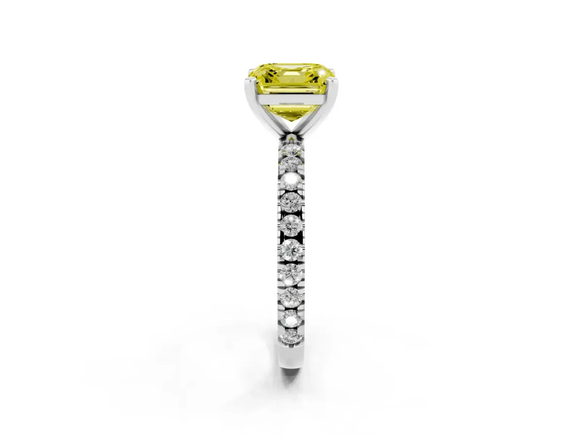 Fancy Yellow Asscher Cut Diamond Pavé Band Solitaire with Four-Prong Setting Silver