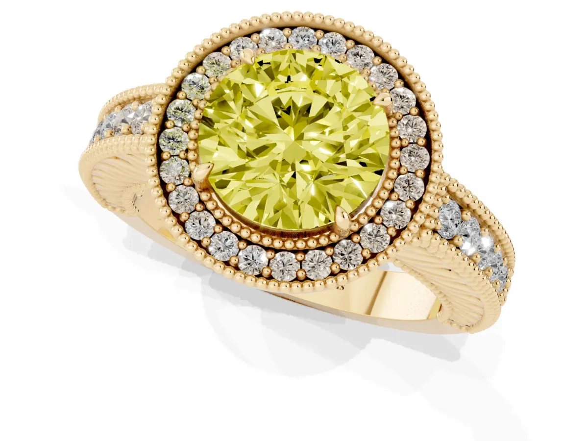 Fancy Yellow Round Cut Cut Halo Diamond Ring with Pavé Band and Four-Prong Setting Yellow gold