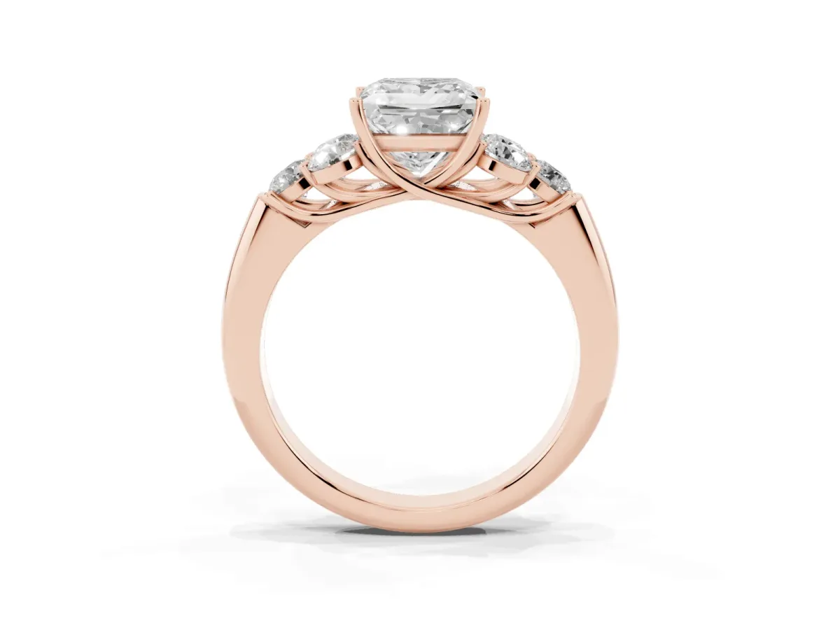 Princess Cut Cut Diamond Cluster Ring with Round Accent Stones and Prong Setting on a Classic Band Rose gold