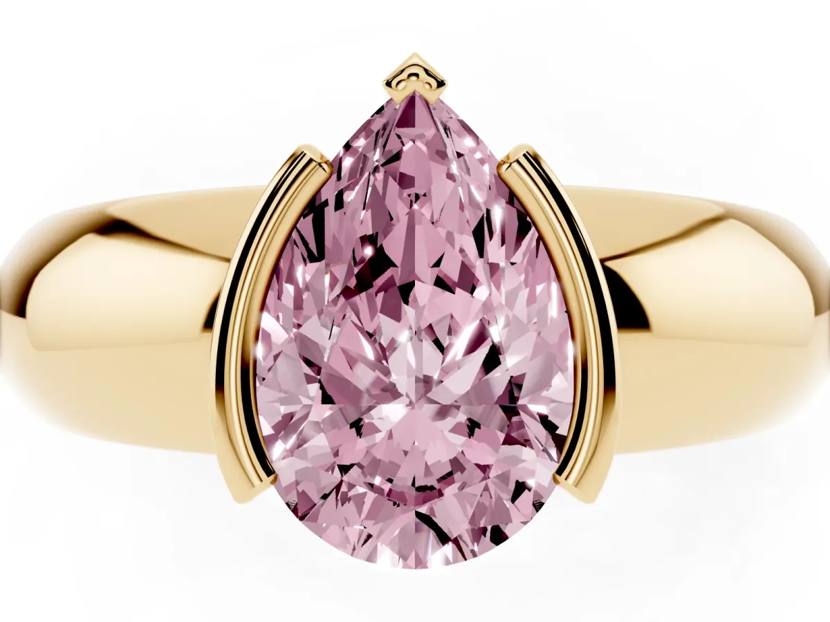 Fancy Pink Pear Cut Solitaire Tension Set Diamond Ring with Wide Band Yellow gold