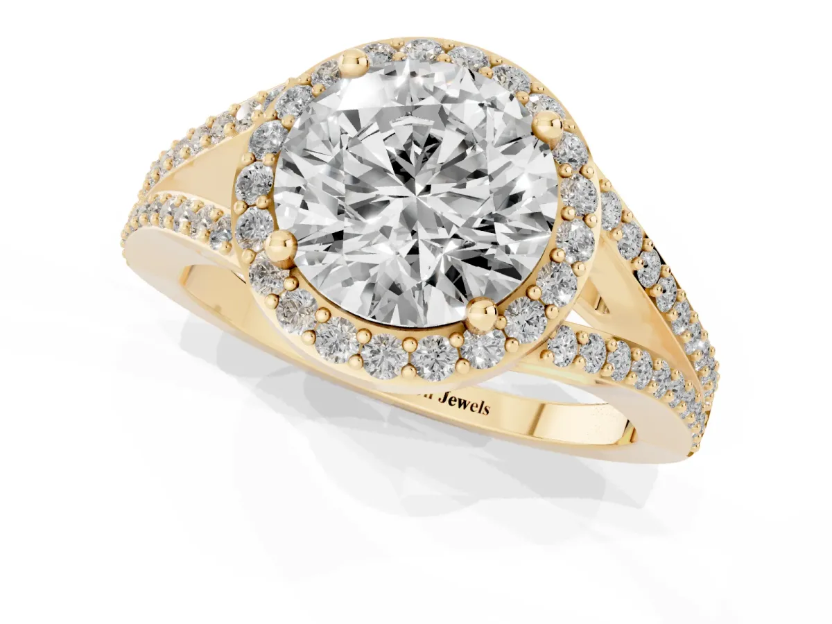 Round Cut Halo Split Shank Pave Diamond Ring with Four-Prong Setting Yellow gold
