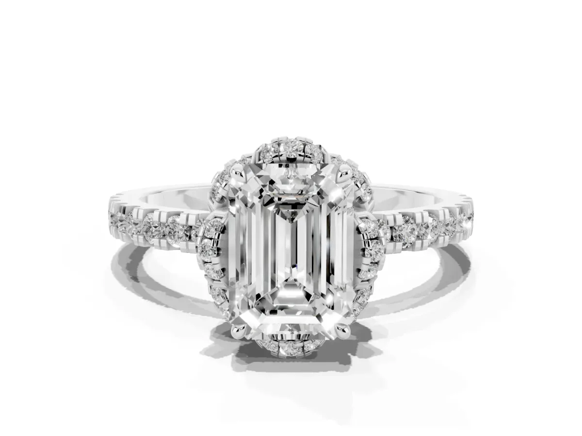 Emerald Cut Diamond Halo Pave Band with Four-Prong Setting Silver