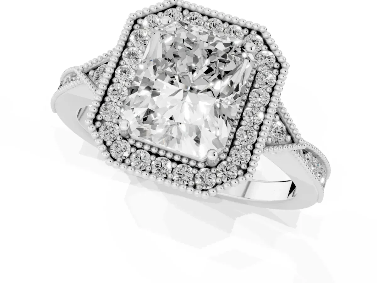Radiant Cut Halo Round Diamond Milgrain Pave Engagement Ring Silver