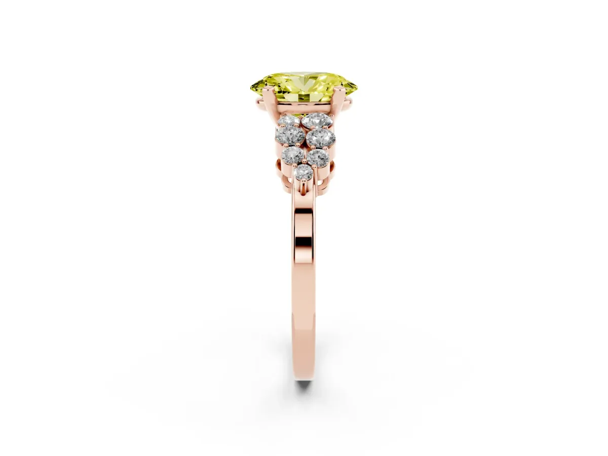 Fancy Yellow Oval Cut Cluster Diamond Engagement Ring with Pavé Band and Four-Prong Setting Rose gold