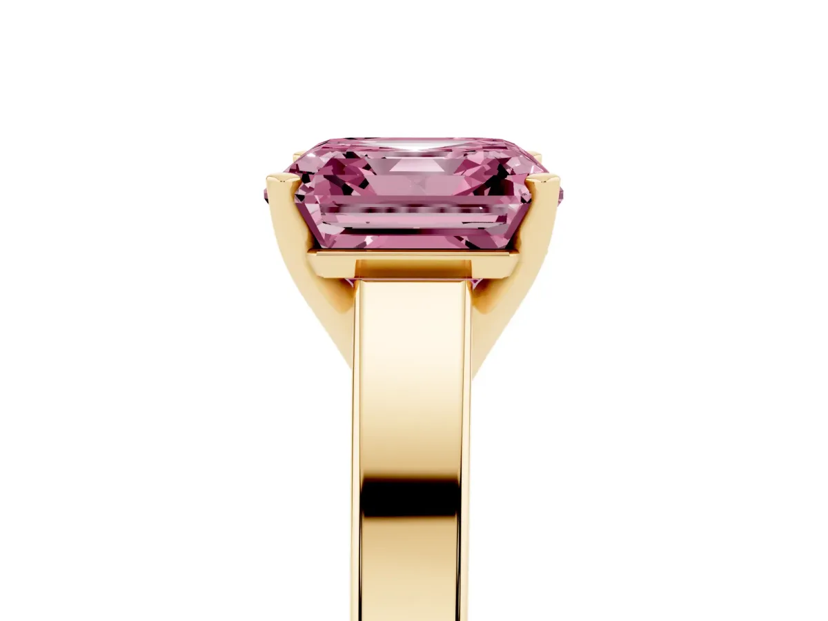 Fancy Pink Asscher Cut Solitaire Engagement Ring with Four-Prong Setting and Tapered Band Yellow gold