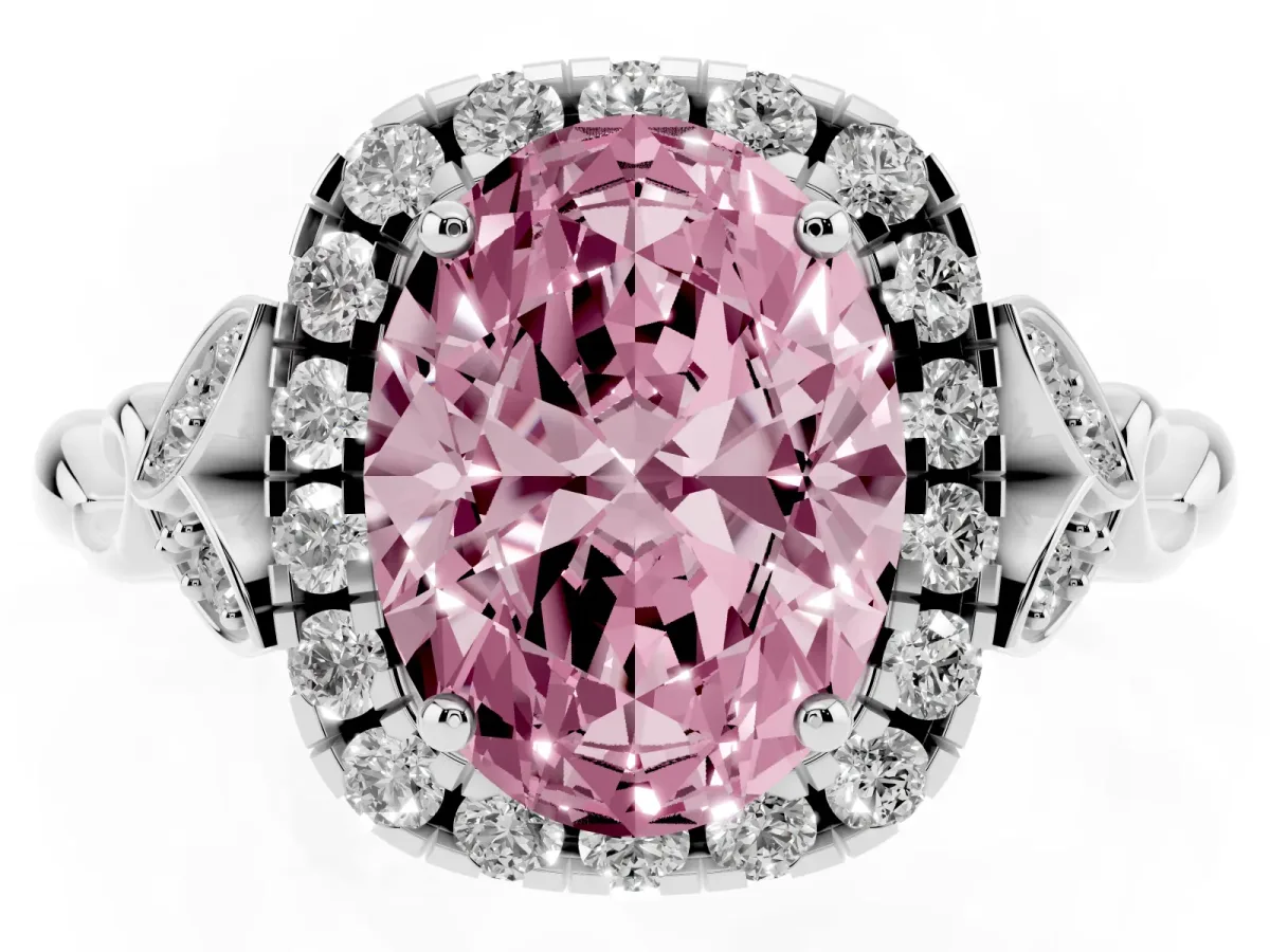 Fancy Pink Oval Cut Halo Diamond Engagement Ring with Vintage-Inspired Band and Four-Prong Setting White gold