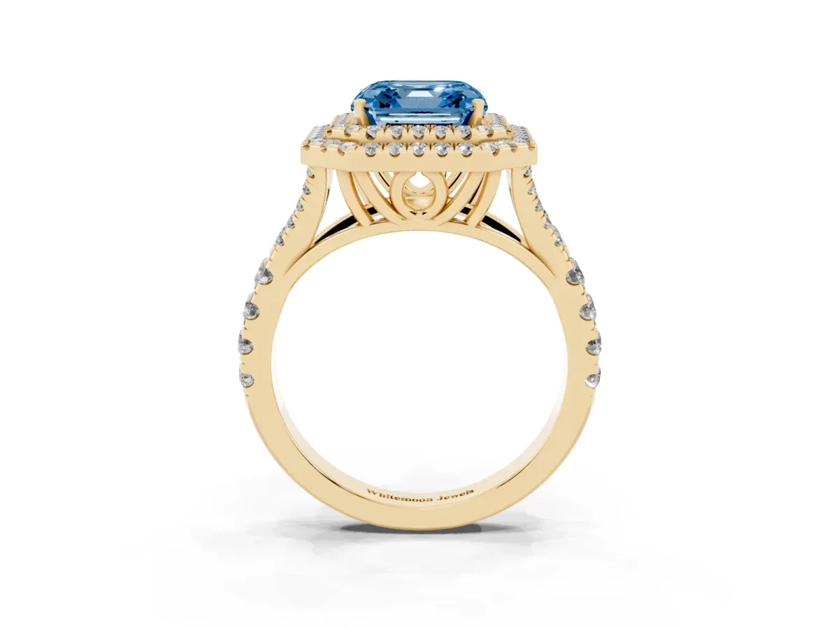 Fancy Blue Asscher Cut Diamond Pavé Split Shank Double Halo Engagement Ring Yellow gold