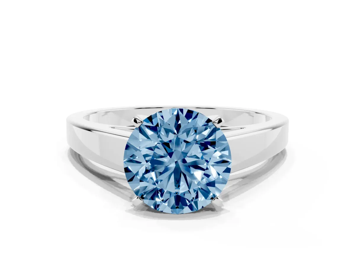 Fancy Blue Round Cut Solitaire Engagement Ring with Four-Prong Setting and Tapered Band Platinum