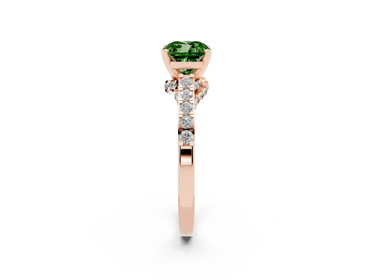 Fancy Green Cushion Cut Diamond Solitaire Ring with Crossover Gallery and Round Pavé Band Rose gold