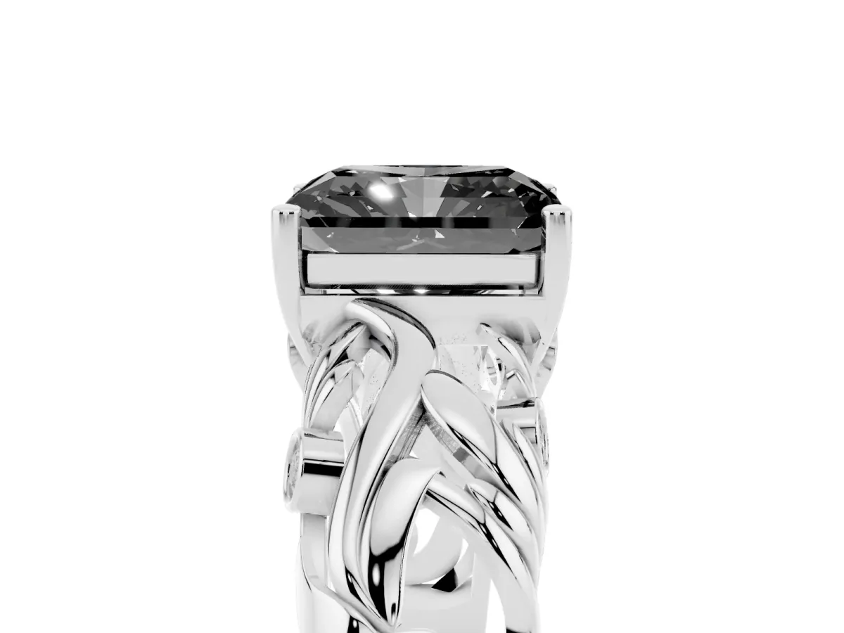Fancy Black Radiant Cut Solitaire Diamond Leaf-Inspired Vine Band Ring with Prong Setting Platinum