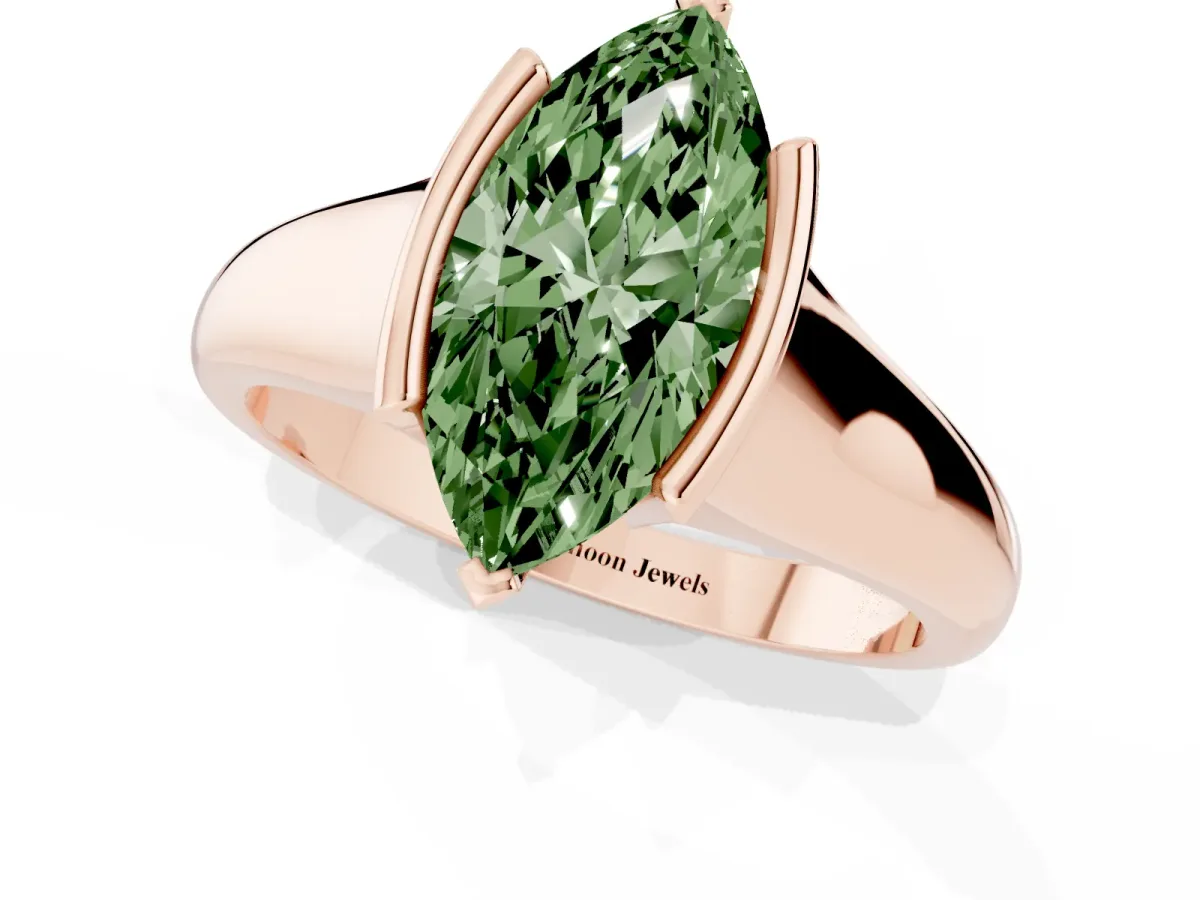 Fancy Green Marquise Cut Solitaire Tension Set Diamond Ring with Split Shank Band Rose gold