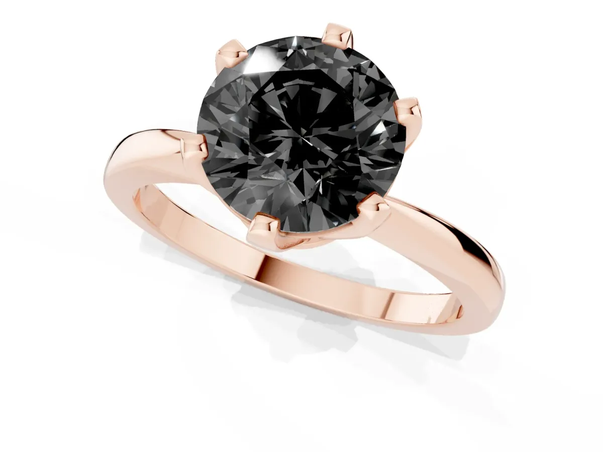 Fancy Black Round Cut Solitaire Engagement Ring with Six-Prong Setting and Tapered Band Rose gold