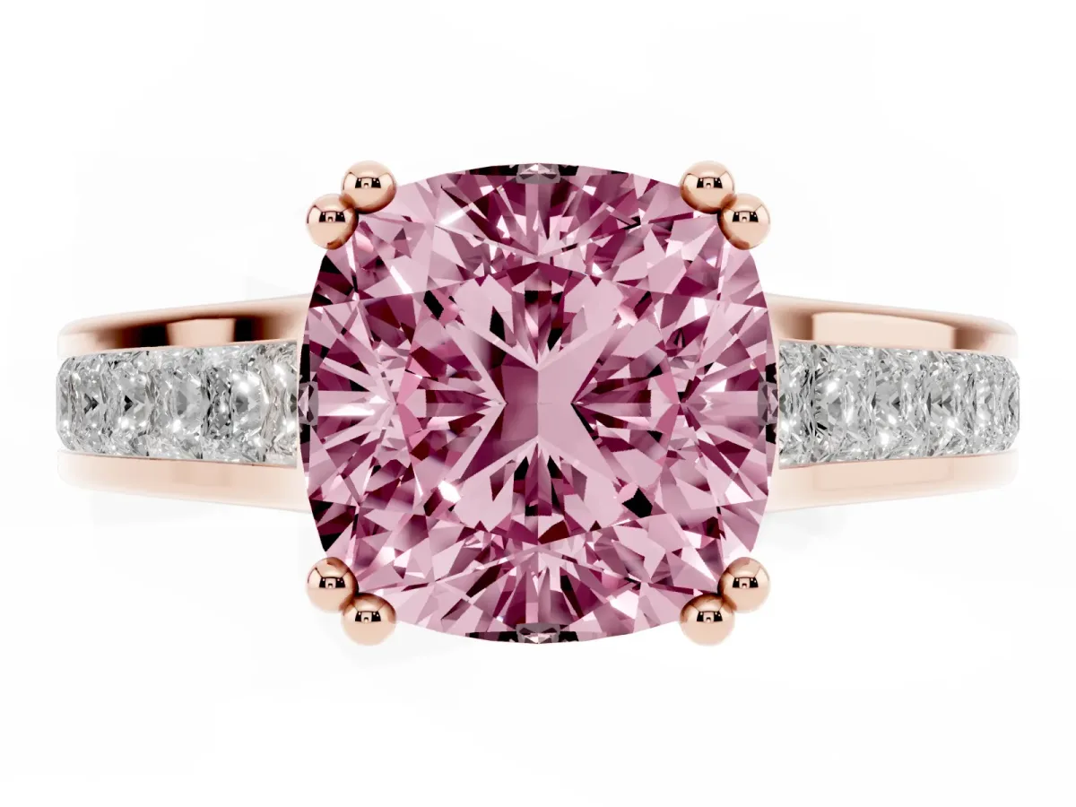 Fancy Pink Cushion Cut Cut Channel Set Solitaire Engagement Ring with Prong Setting Rose gold
