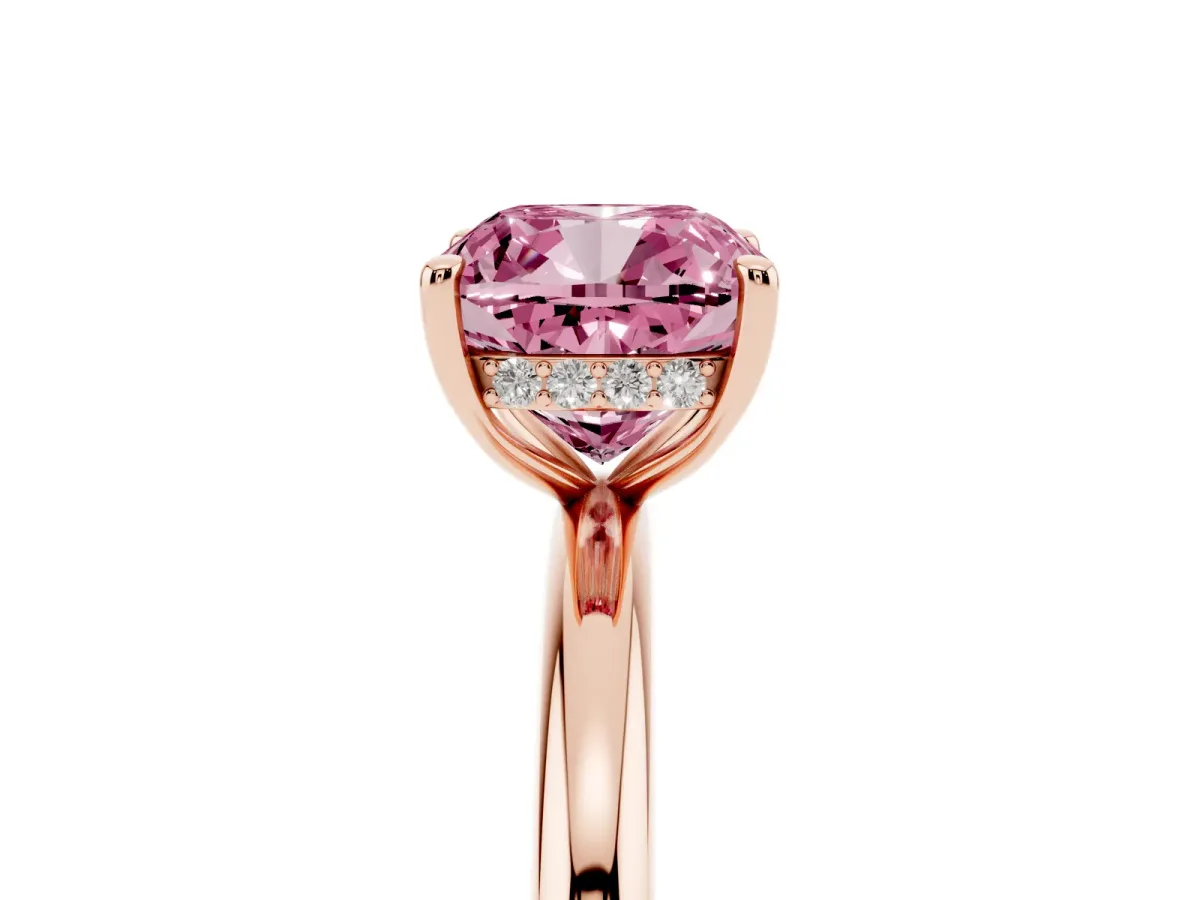 Fancy Pink Cushion Cut Diamond Solitaire Ring with Thin Band and Four-Prong Setting Rose gold
