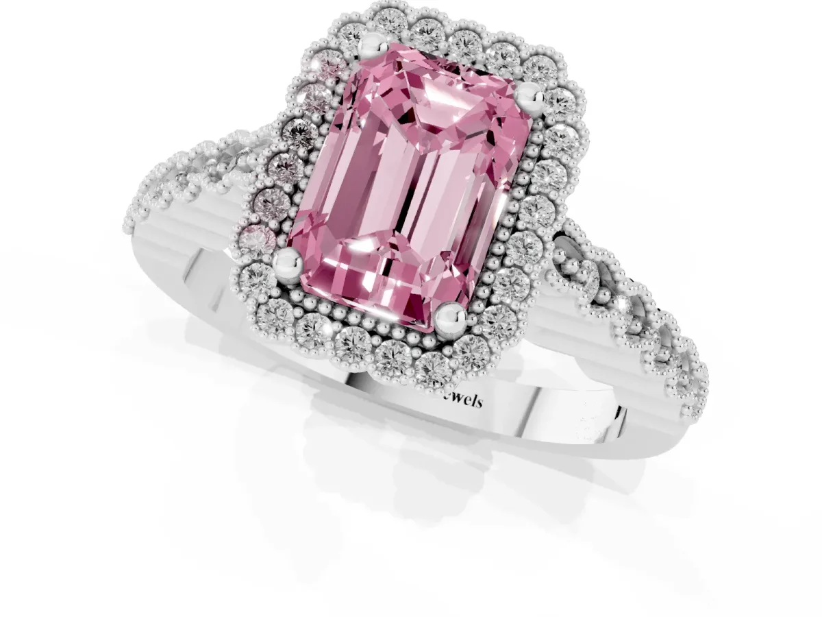Fancy Pink Radiant Cut Cut Halo Pavé Solitaire Ring with Milgrain Band White gold