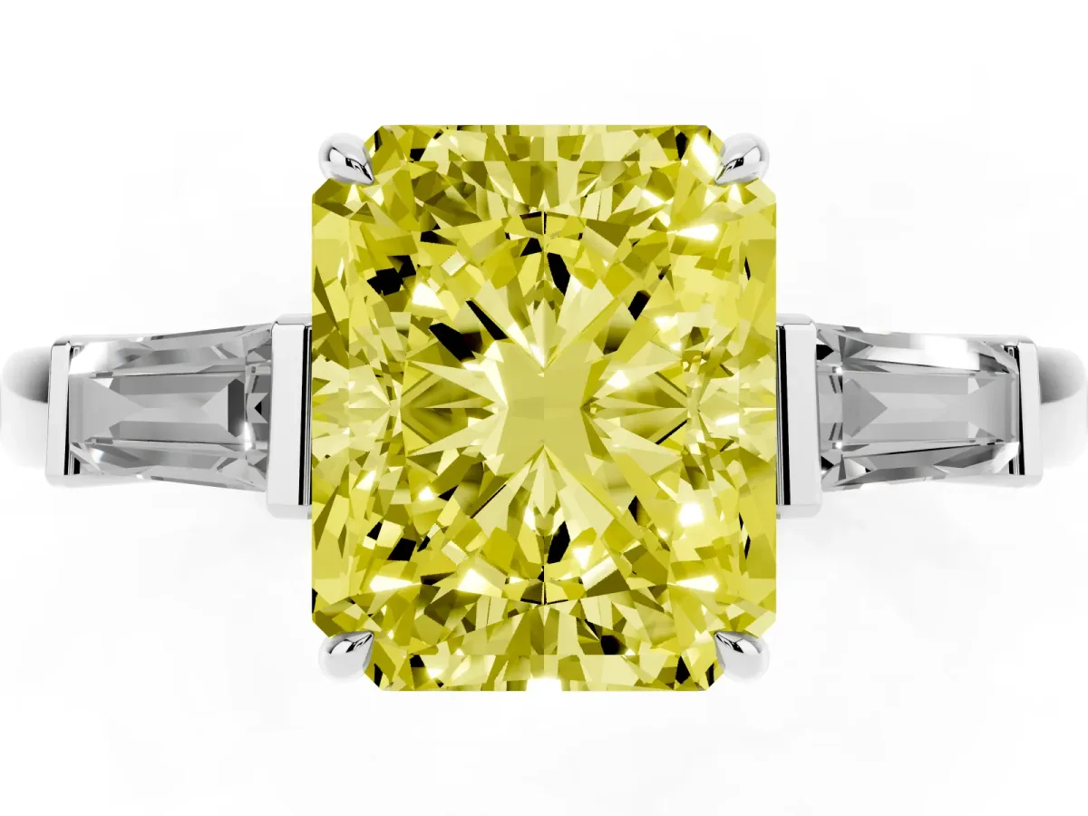 Fancy Yellow Radiant Cut Diamond Three-Stone Ring with Tapered Baguette Side Stones and Prong Setting Silver