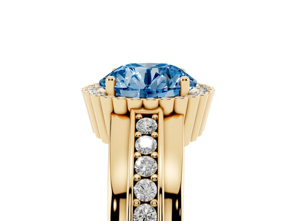 Fancy Blue Round Cut Cut Halo Pave Band Four-Prong Ring Yellow gold