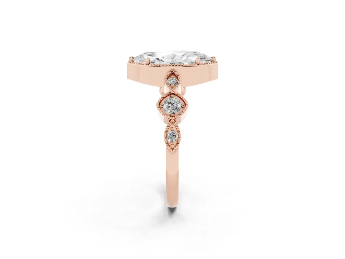 Marquise Cut Diamond Vintage Milgrain Ring with Round Stations Rose gold