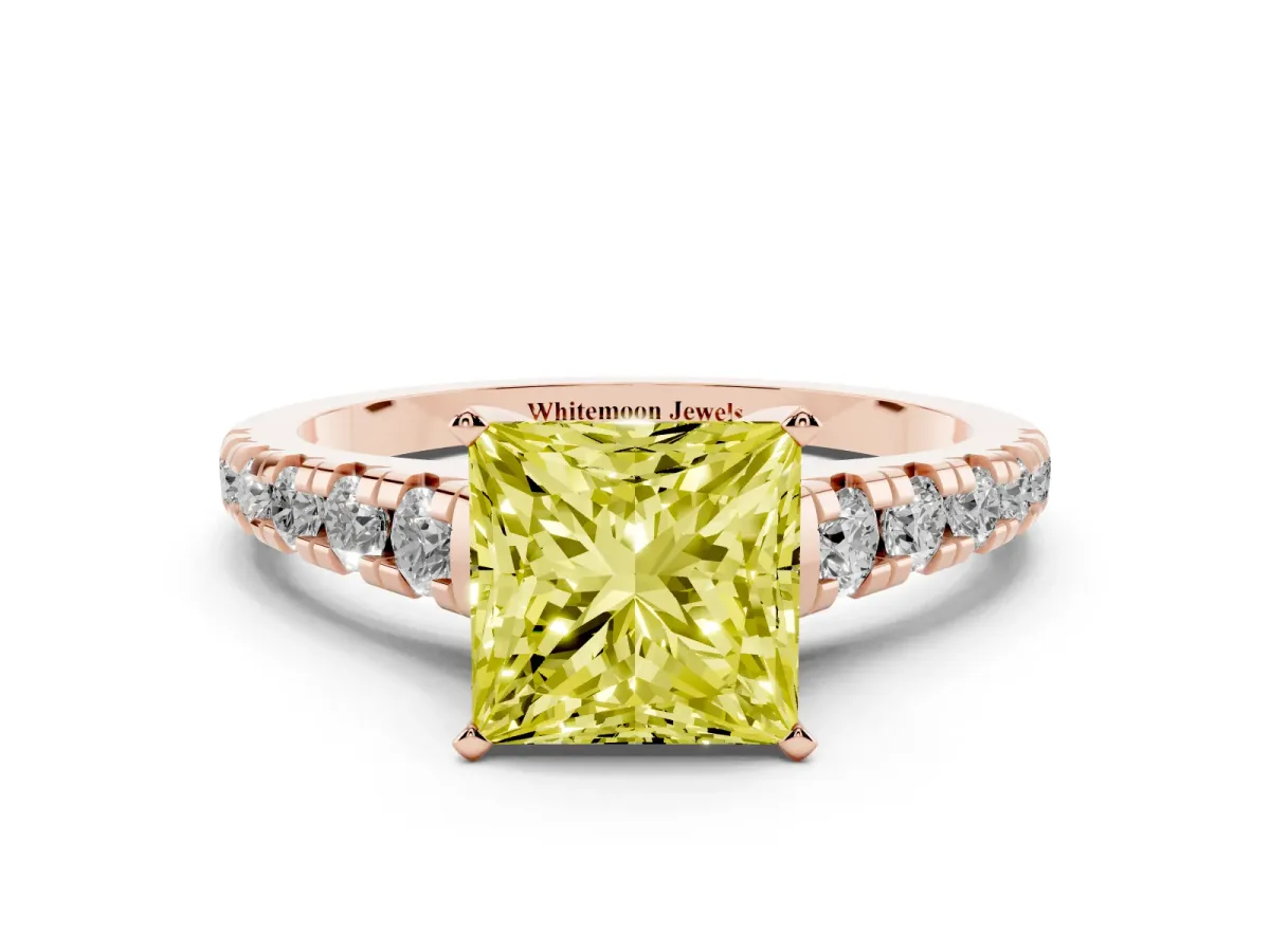 Fancy Yellow Princess Cut Diamond Cathedral Solitaire Ring with Round Pavé Band Rose gold