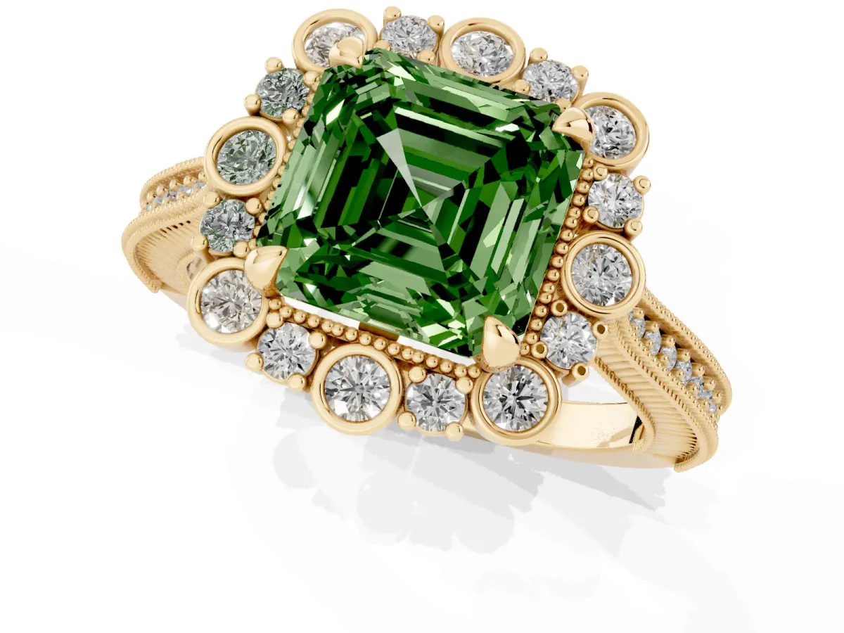 Fancy Green Asscher Cut Halo Milgrain Pave Diamond Ring with Four-Prong Setting Yellow gold