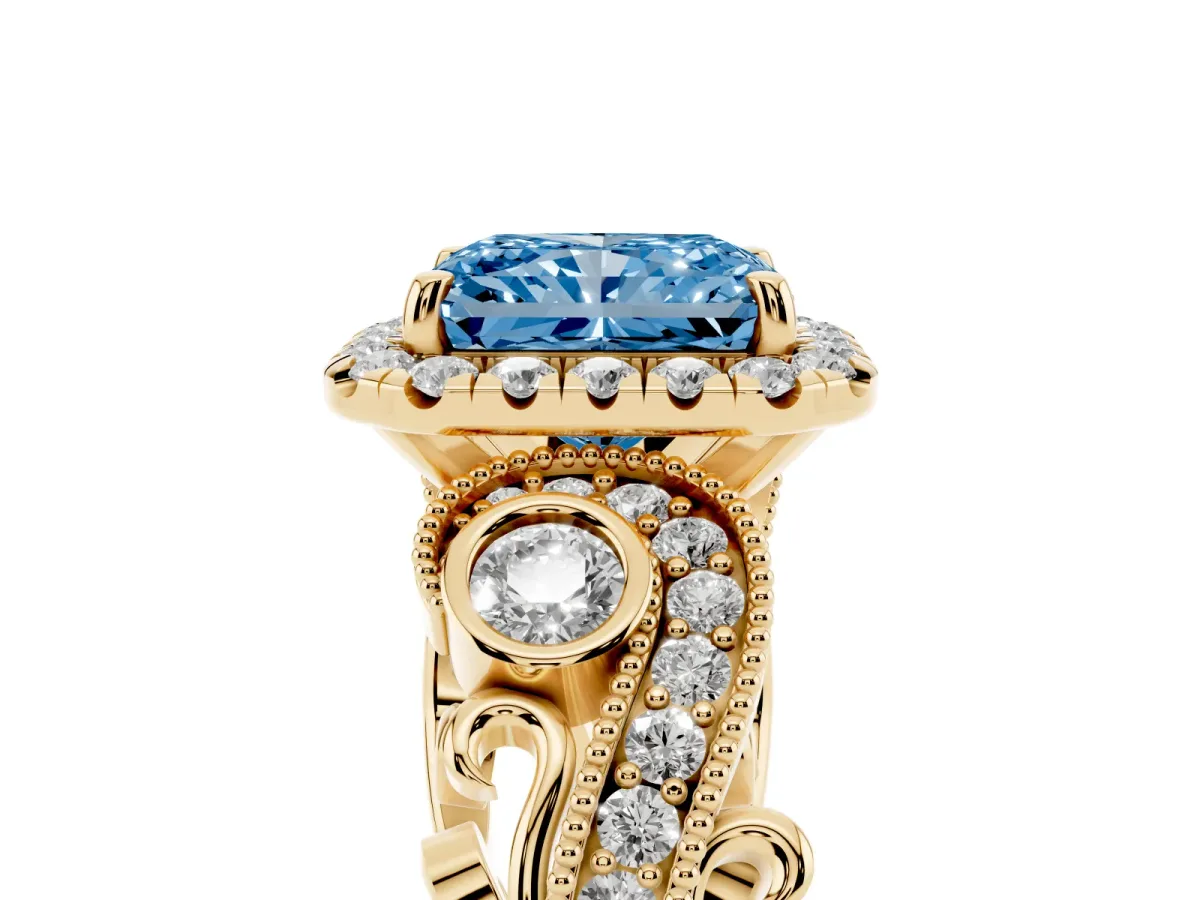 Fancy Blue Radiant Cut Diamond Halo Ring with Milgrain Pavé Band and Four-Prong Setting Yellow gold