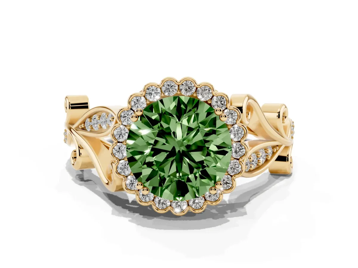 Fancy Green Round Cut Diamond Halo Ring with Vintage Split Shank and Four-Prong Setting Yellow gold
