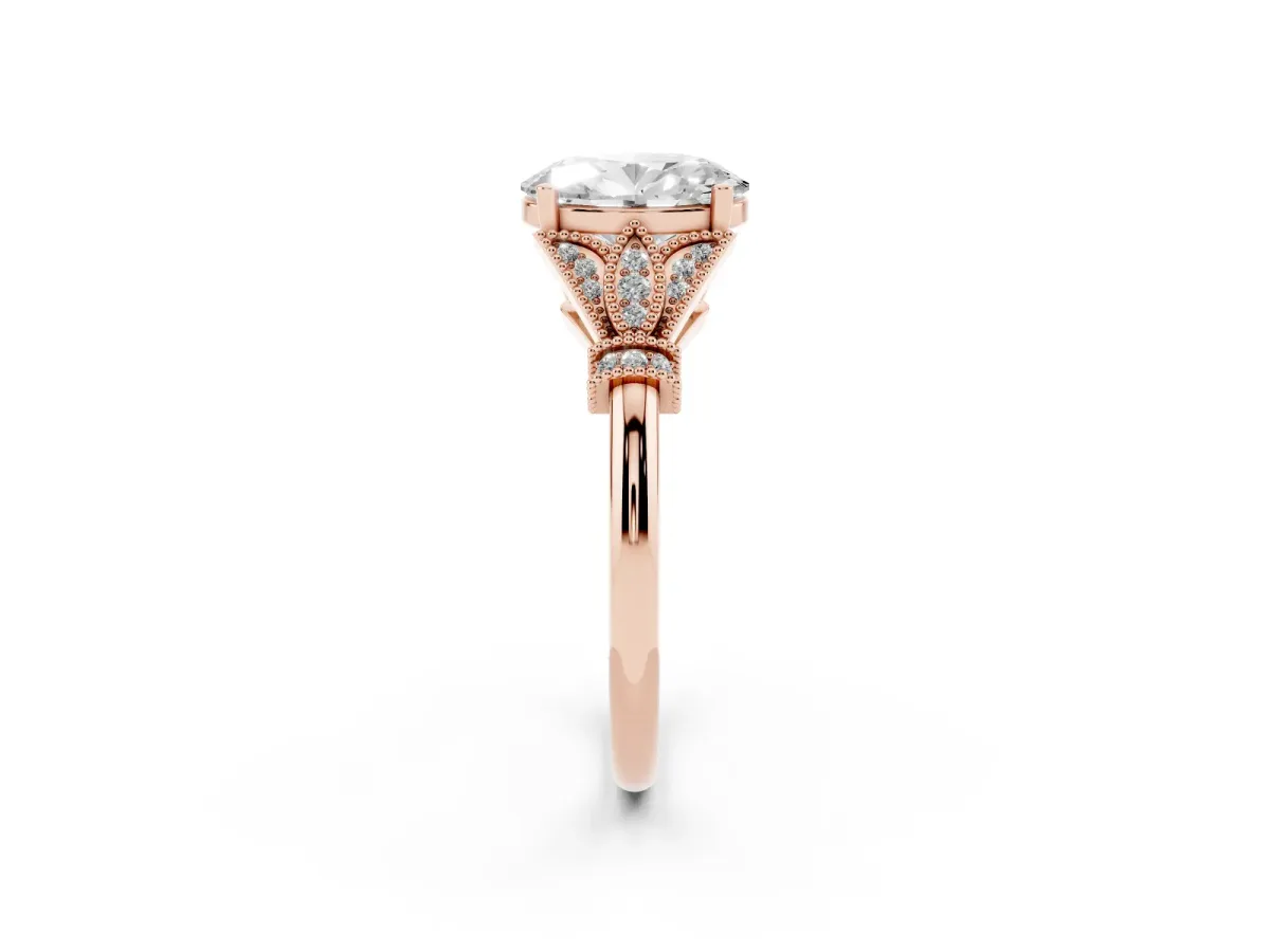 Oval Cut Diamond Solitaire Ring with Floral Filigree and Pave Accents Rose gold