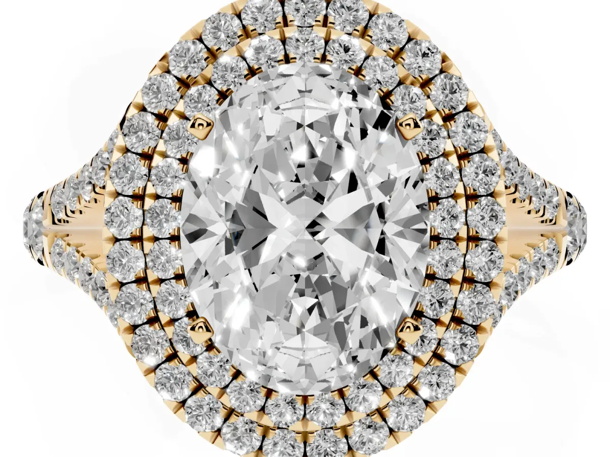 Oval Cut Cut Double Halo Split Shank Diamond Ring with Prong Setting Yellow gold