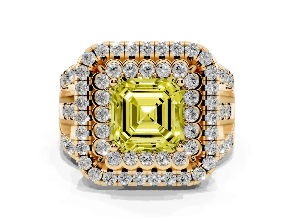 Fancy Yellow Asscher Cut Diamond Double Halo Ring with Round Pavé Split Shank and Prong Setting Yellow gold