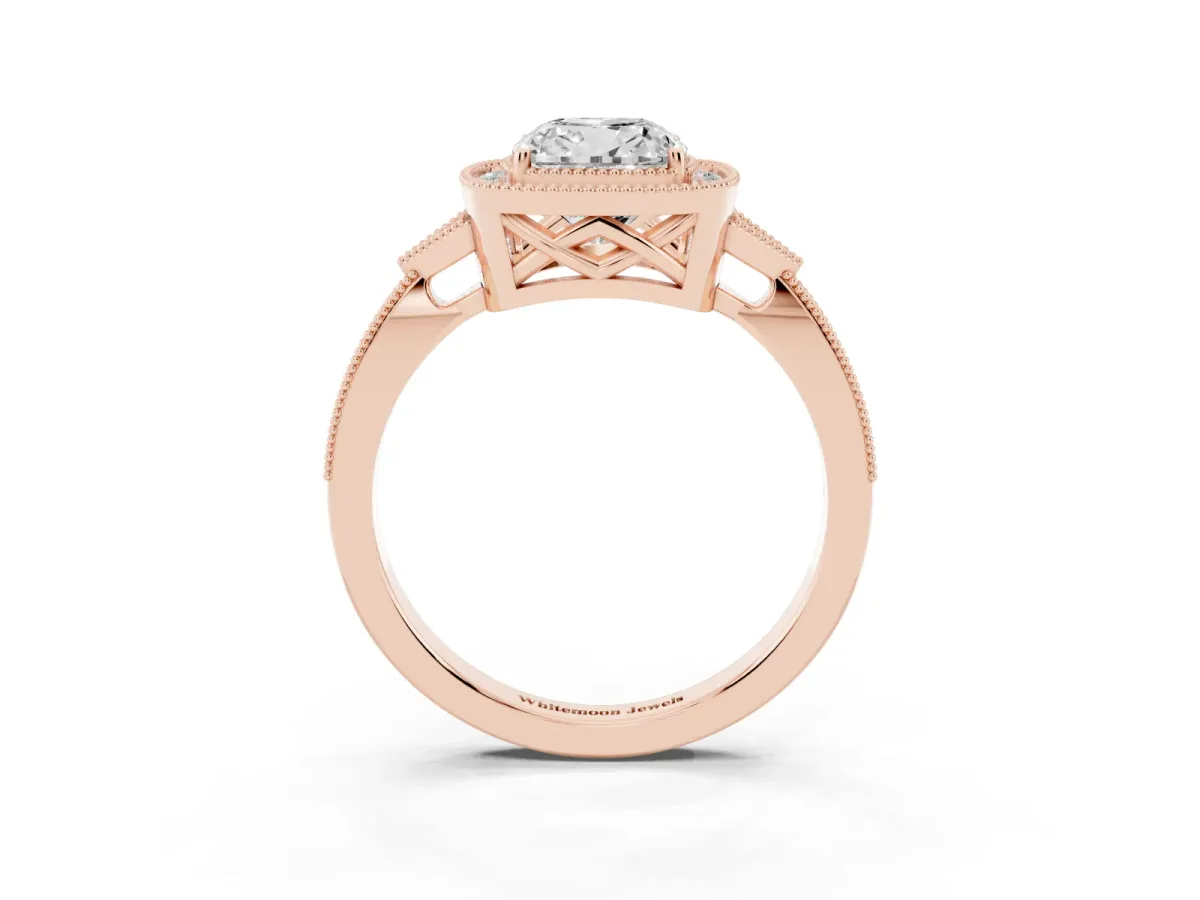 Cushion Cut Halo Round Diamond Milgrain Pave Engagement Ring Rose gold