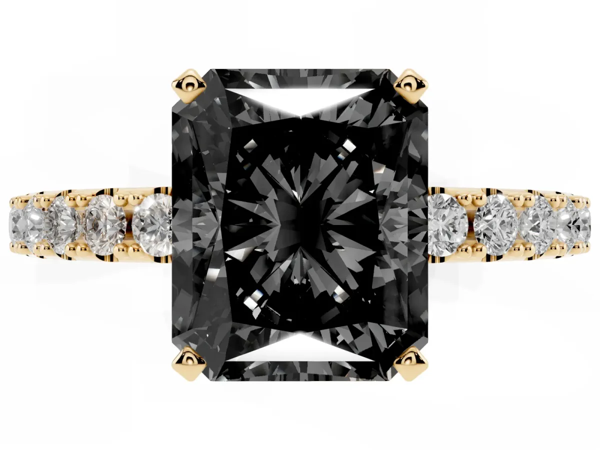 Fancy Black Radiant Cut Diamond Solitaire Pavé Band with Four-Prong Setting Yellow gold