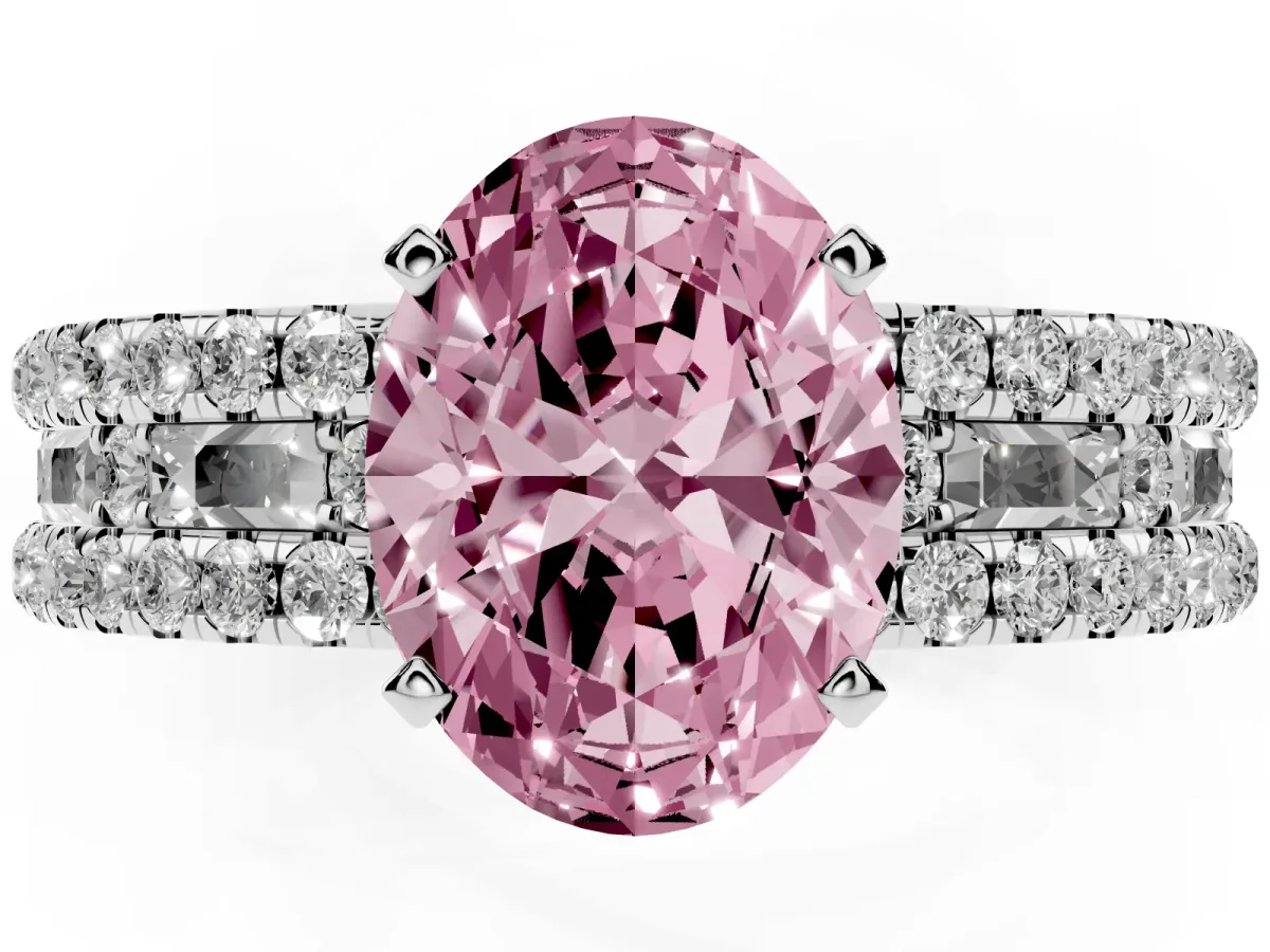 Fancy Pink Oval Cut Diamond Solitaire Ring with Pavé and Channel Set Band Silver