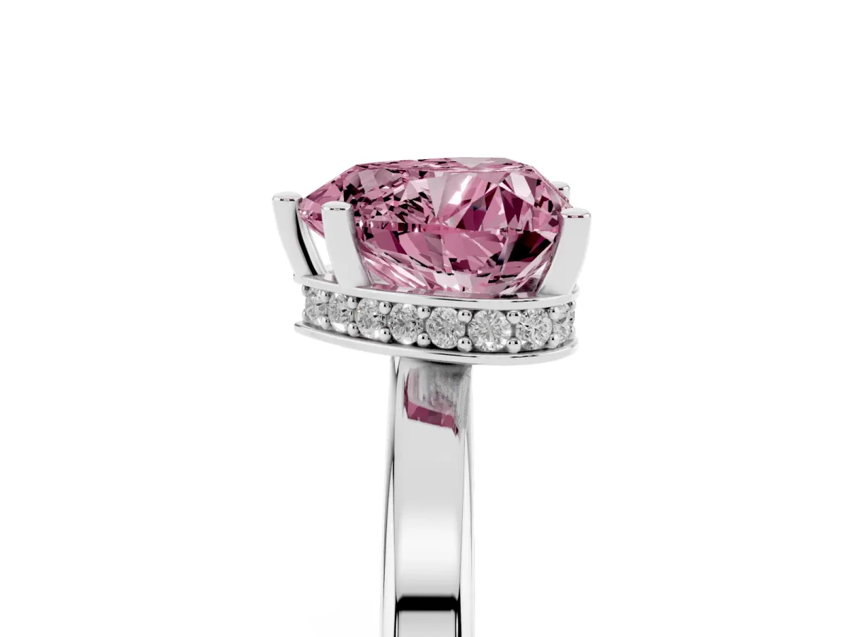 Fancy Pink Heart Cut Cut Solitaire Engagement Ring with Four-Prong Setting on a Classic Band Platinum