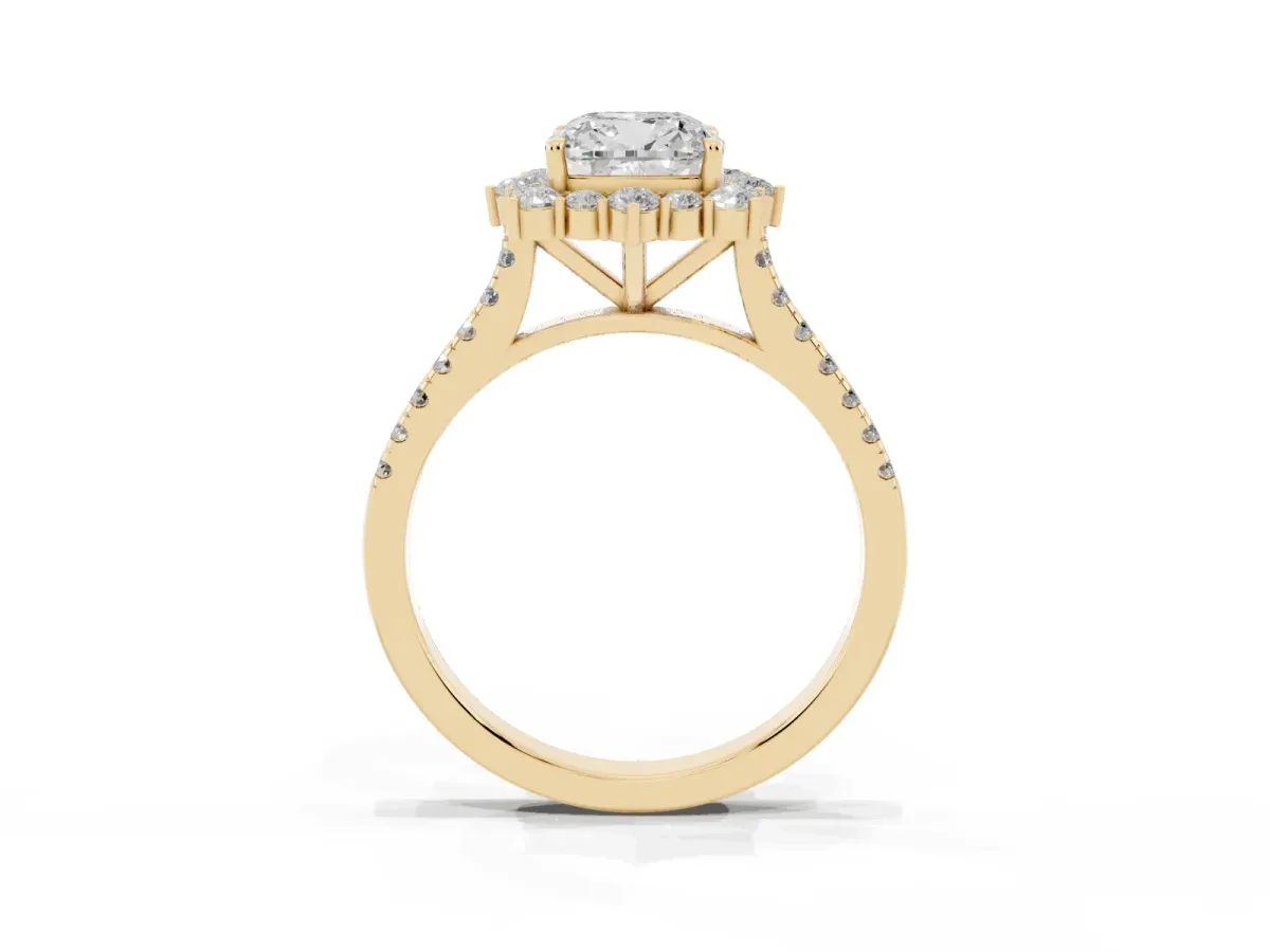 Cushion Cut Halo Diamond Ring with Pavé Band and Prong Setting Yellow gold