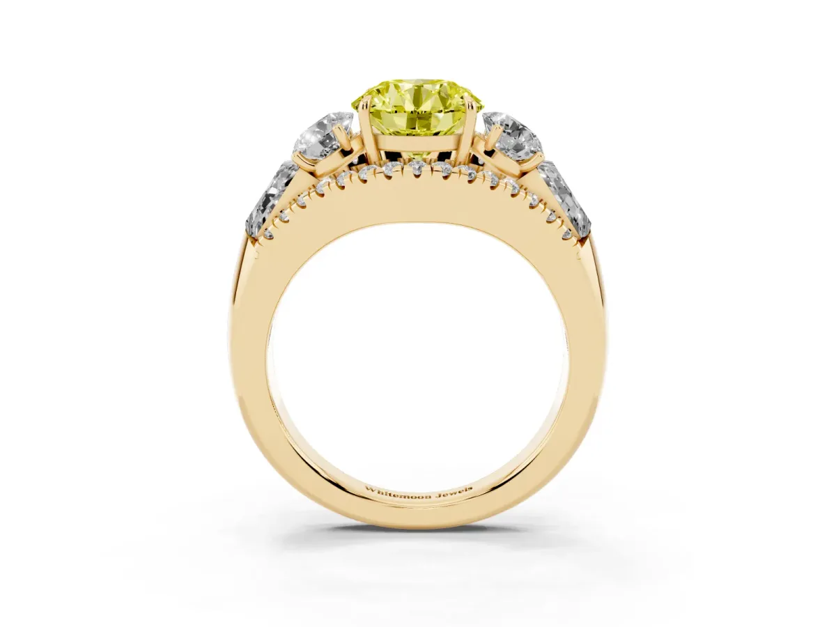 Fancy Yellow Three-Stone Round Cut Diamond Engagement Ring with Pave Band and Prong Setting Yellow gold