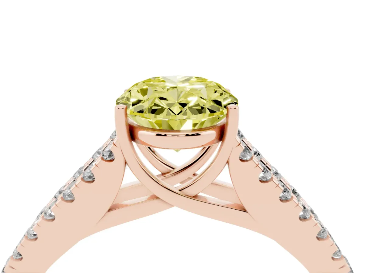 Fancy Yellow Oval Cut Diamond Split Shank Engagement Ring with Round Pavé and Prong Setting Rose gold