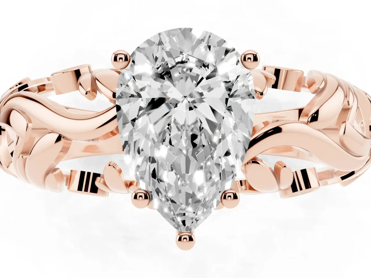 Pear Cut Solitaire Diamond Leaf-Inspired Vine Band Ring with Prong Setting Rose gold