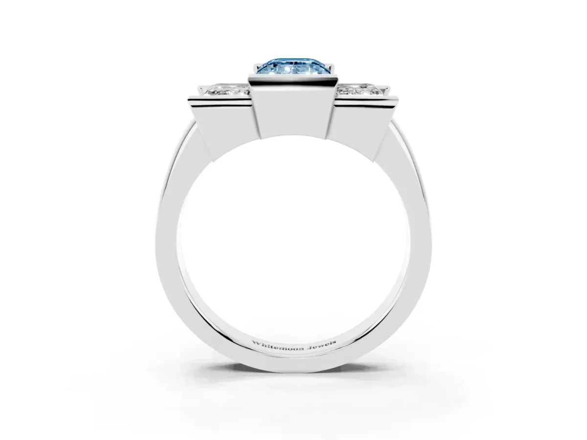 Fancy Blue Three Stone Emerald Cut Cut Channel Set Diamond Ring Silver