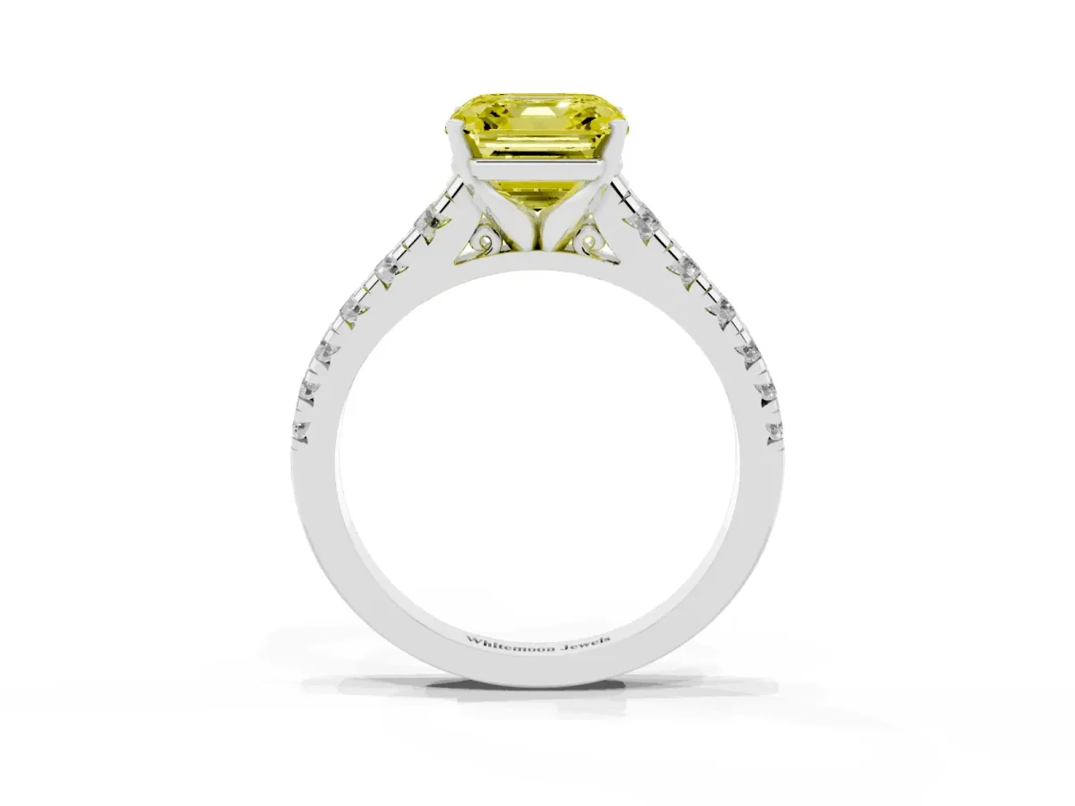 Fancy Yellow Asscher Cut Diamond Cathedral Solitaire Ring with Round Pavé Band Silver