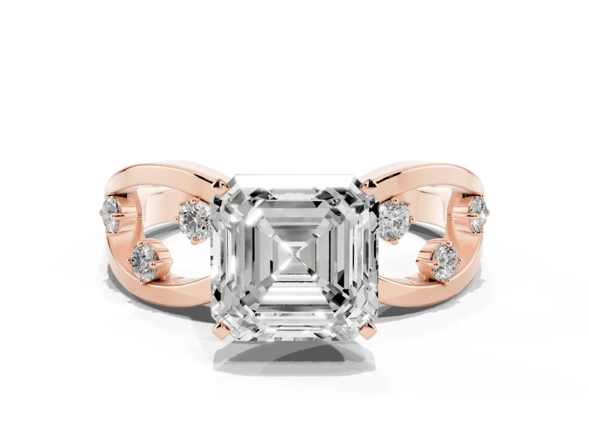 Asscher Cut Cut Solitaire Diamond with Side Stones on Criss-Cross Band and Four-Prong Setting Rose gold