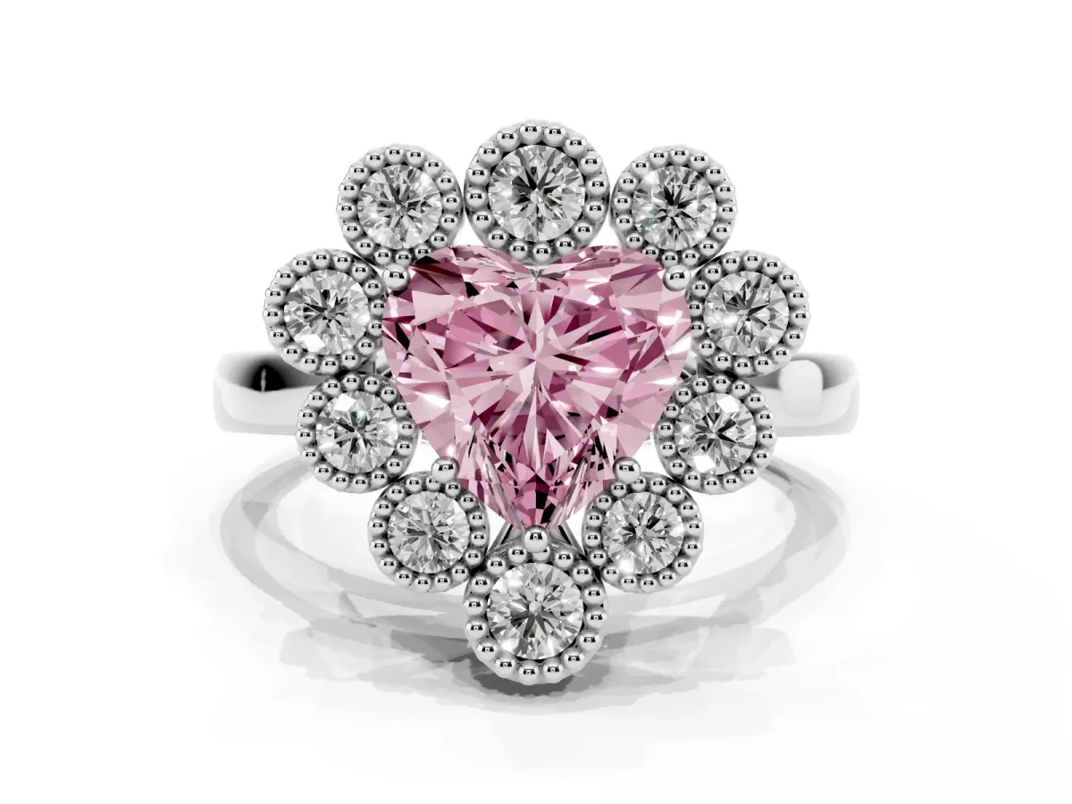 Fancy Pink Heart Cut Halo Diamond Cluster Engagement Ring with Milgrain Bezel Setting and Solitaire Band White gold